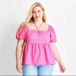 Women's Square Tie Neck Puffed Short Sleeve Top - Future Collective XL P…